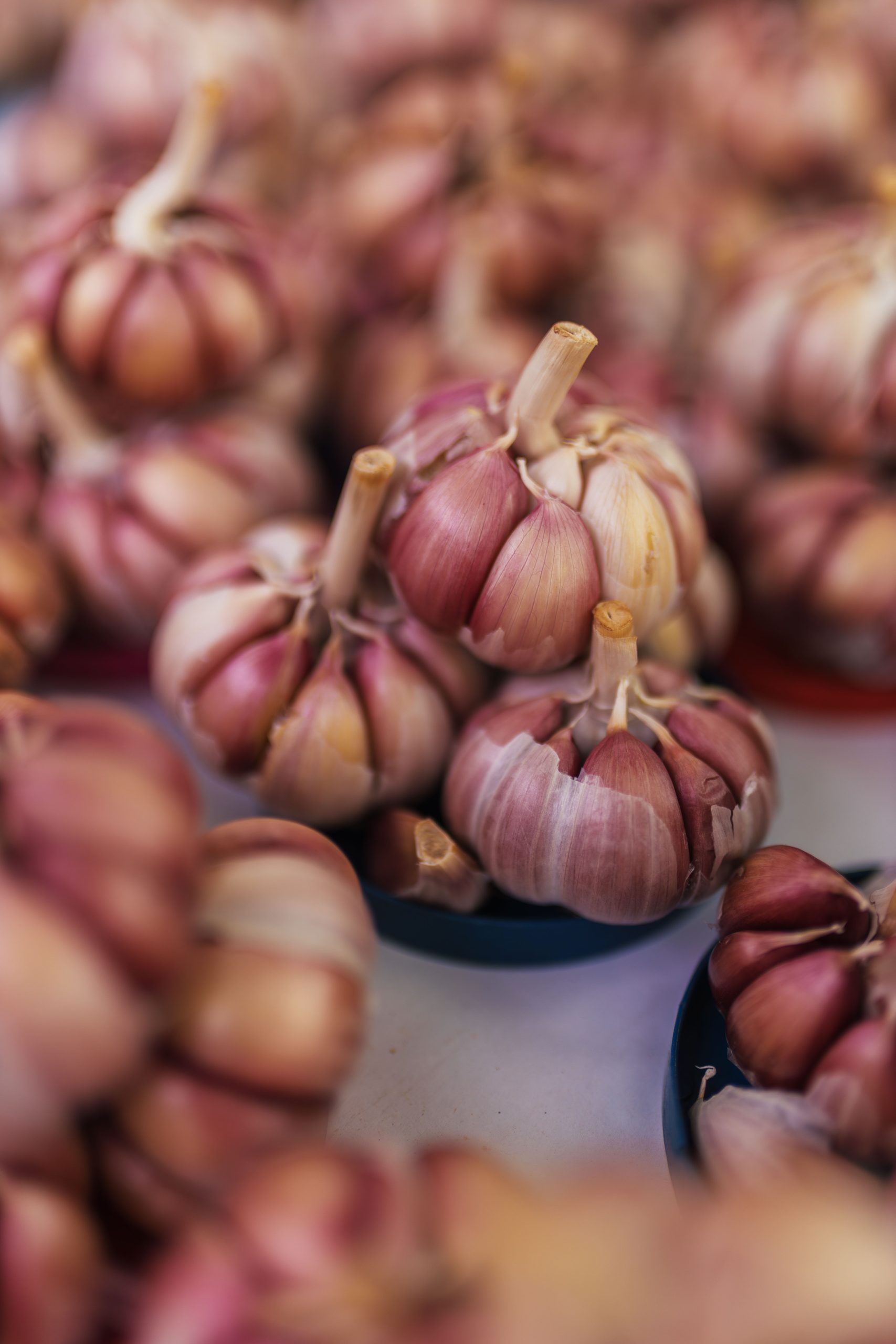 Vibrant display of fresh purple garlic bulbs at a market, highlighting natural texture and color.